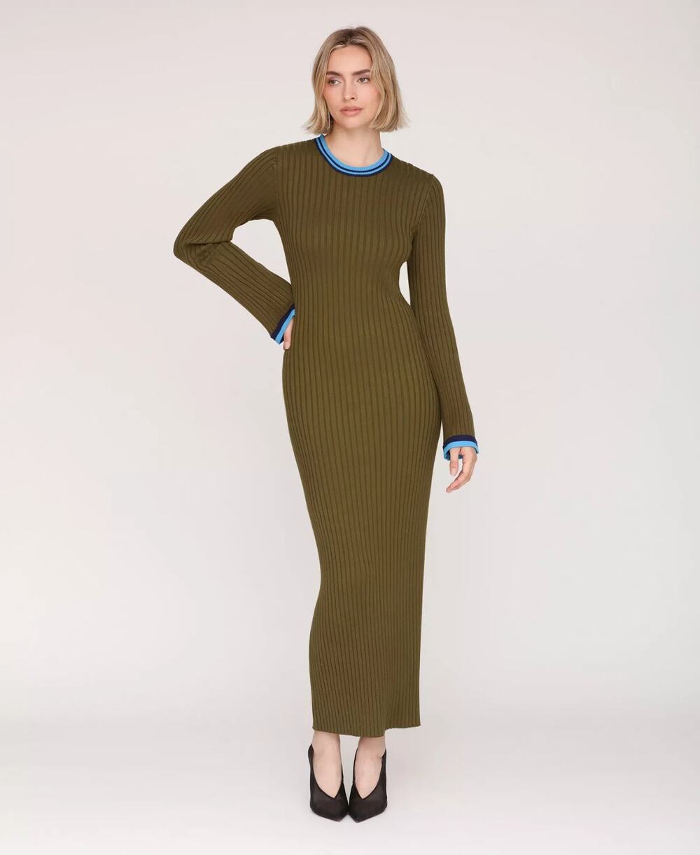 Avec Les Filles Women's Long Sleeve Ribbed Neck Maxi Dress Green Size L 4011